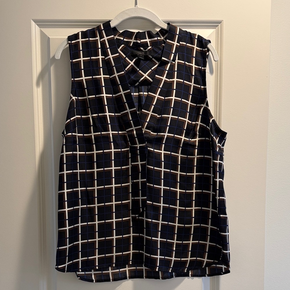 J.Crew Navy/Cream/Brown Checkered Silk Women's Top